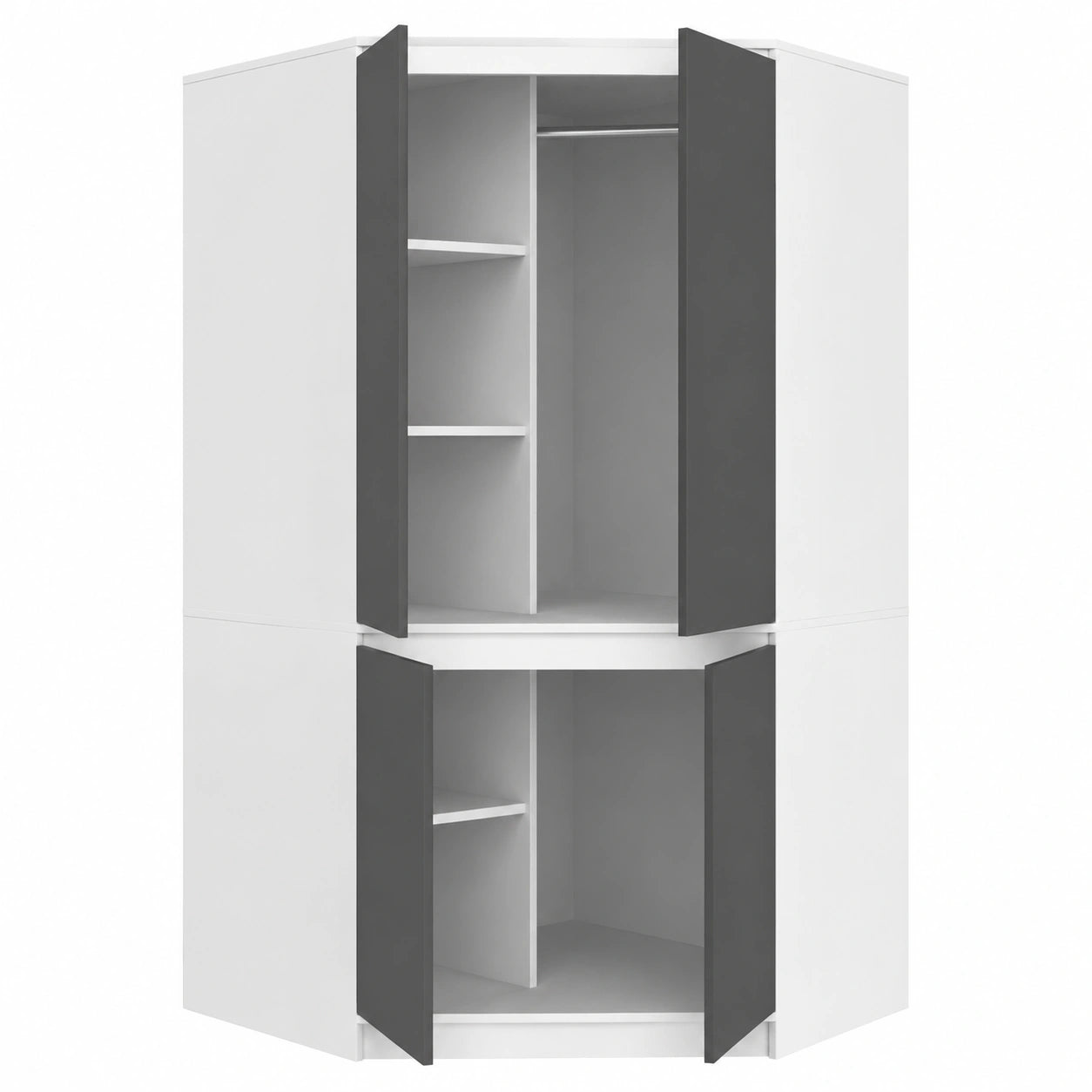 Eck-Kleiderschrank für Schlafzimmer - 100x180 cm - Weiß/Grau mit Stange und Böden