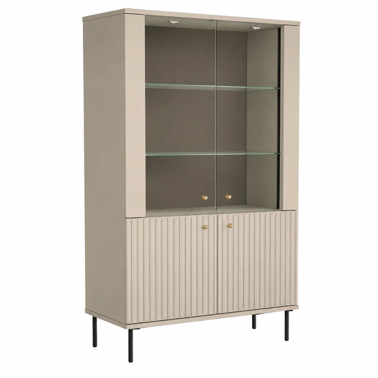 Lomadox Vitrinenschrank mit Glastüren, Kaschmir Matt, Rillendekor, Softclose, 92 x 151 x 40 cm