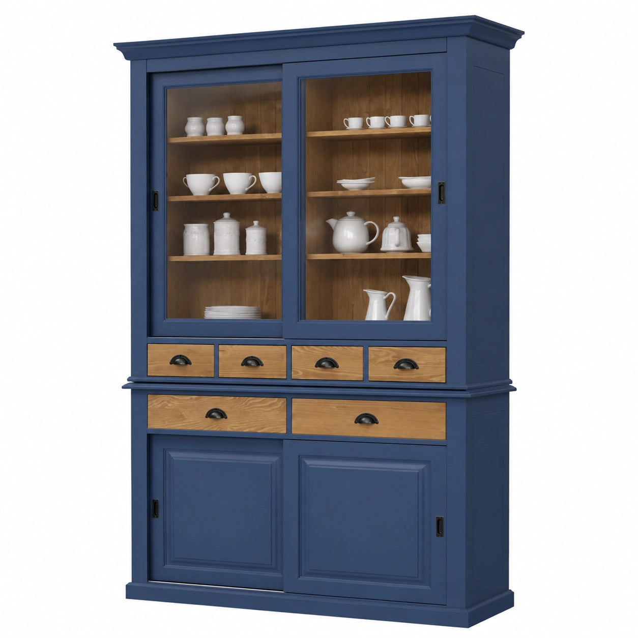 Rustikaler Esszimmerschrank aus Massivholz in Blau und Naturtönen - 142 x 48 x 225 cm