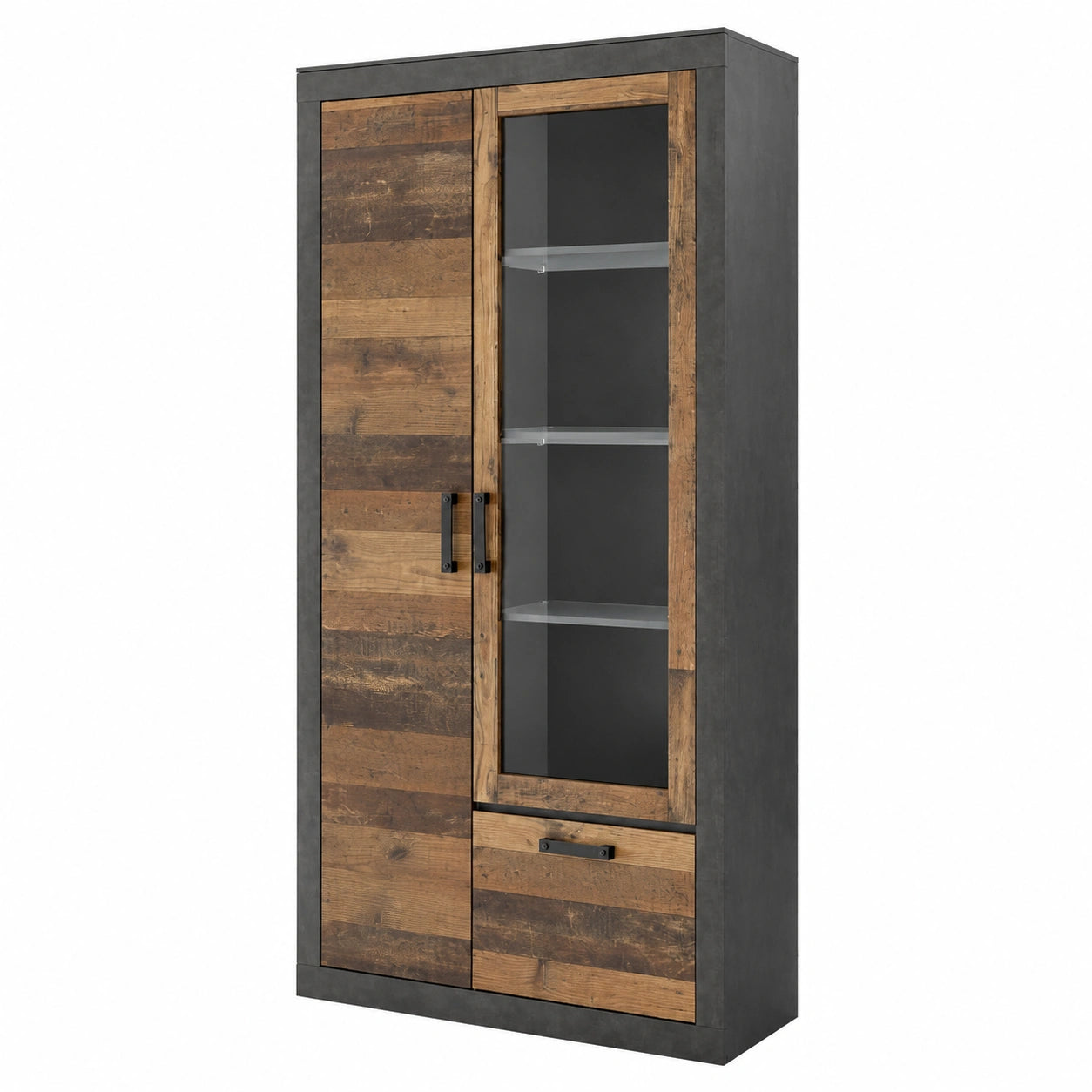 Industrielles Design Vitrinenschrank mit LED-Beleuchtung, Old Mix Dekor, Matera Grau