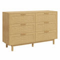 Rattan Kommode mit 6 Schubladen, Eichenfarben, Großer Holzschrank für Wohnzimmer, Schlafzimmer und Küche