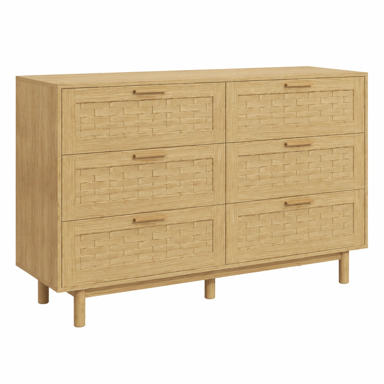 Rattan Kommode mit 6 Schubladen, Eichenfarben, Großer Holzschrank für Wohnzimmer, Schlafzimmer und Küche