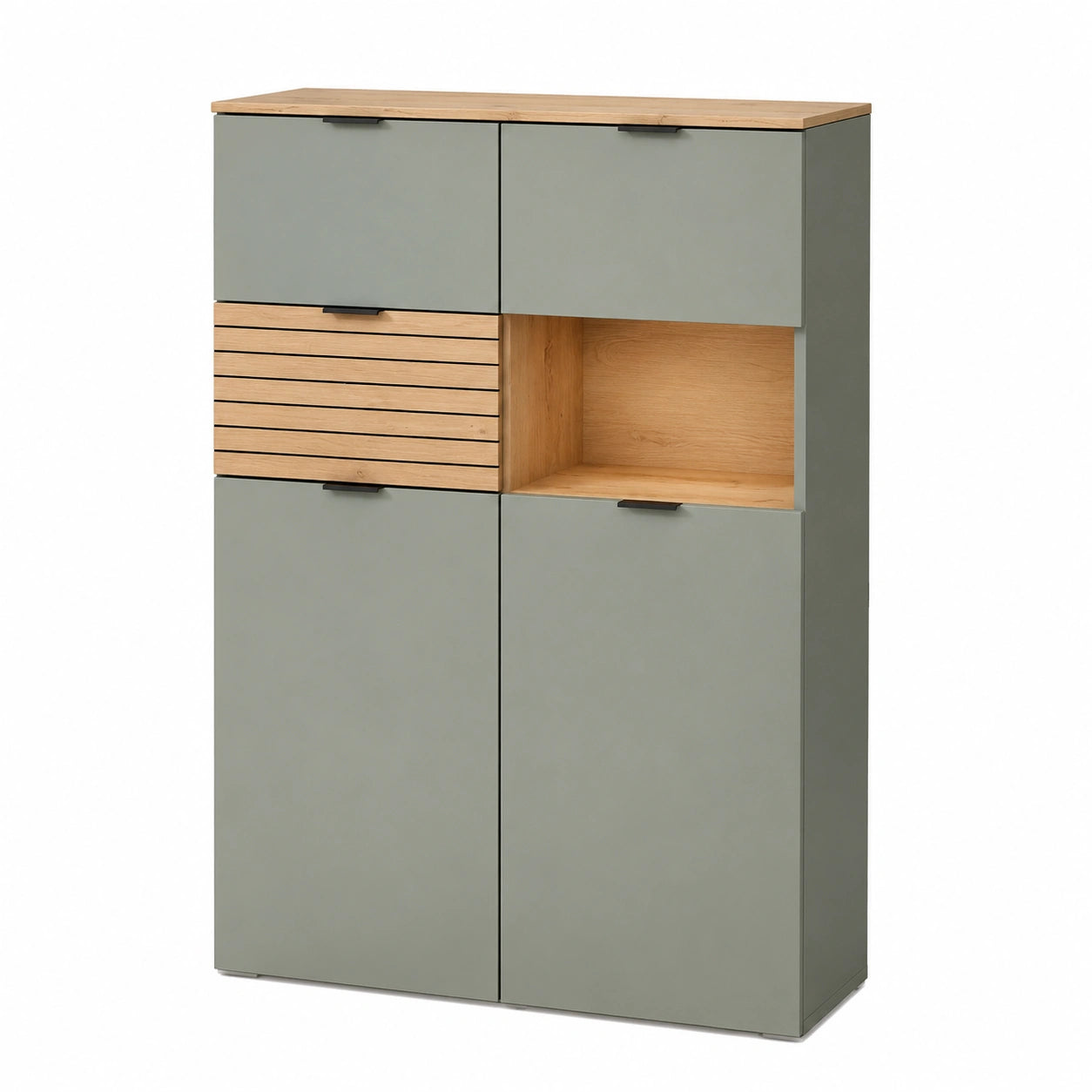 Moderner Highboard in Schilfgrün mit Eichenoptik und LED