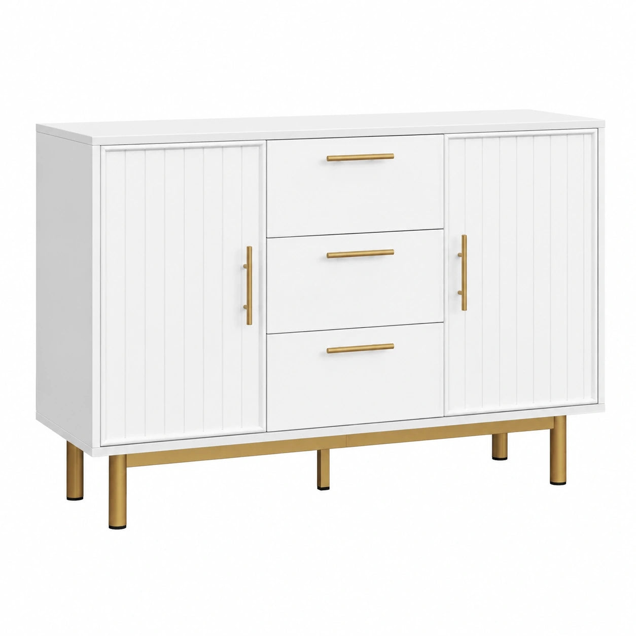 Moderner Merax Kommode mit Türen und Schubladen, Weißer Buffetschrank mit viel Stauraum und Metallbeinen, Verstellbare Ablagen für Flur und Wohnzimmer