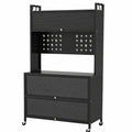 Küchenschrank mit 6 Ebenen und Rollen, Buffetschrank mit Klapptüren und Haken, Mikrowellenschrank, Schwarz 80x40x160 cm