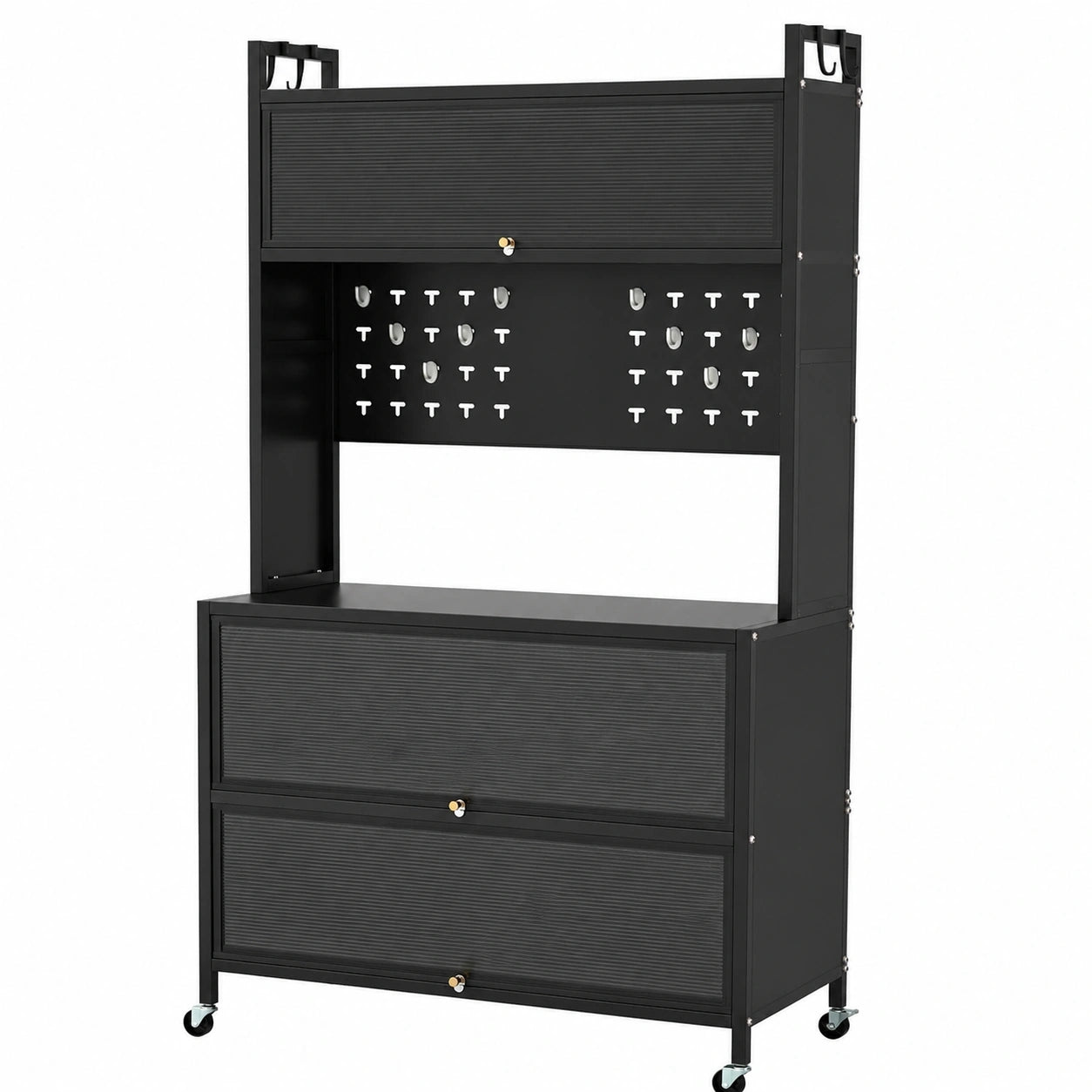 Küchenschrank mit 6 Ebenen und Rollen, Buffetschrank mit Klapptüren und Haken, Mikrowellenschrank, Schwarz 80x40x160 cm