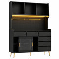 Moderner Hochschrank mit LED und App-Steuerung, Küchenschrank mit Schublade und Lochwandregal, schwarz, 145x39x171 cm