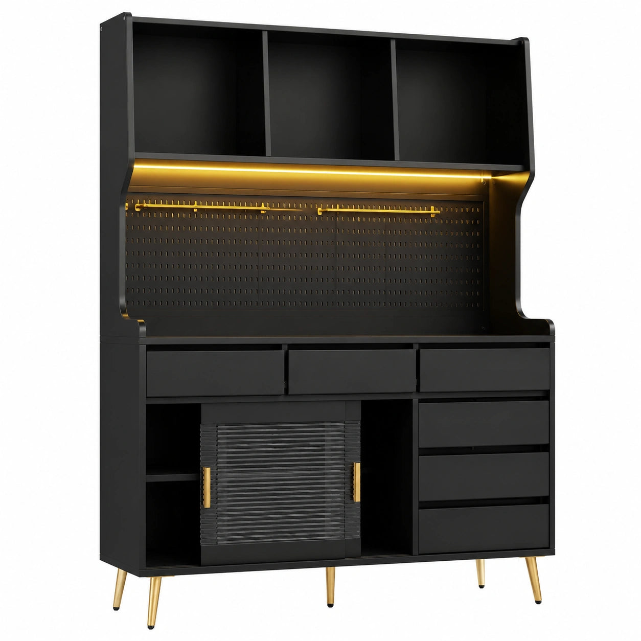 Moderner Hochschrank mit LED und App-Steuerung, Küchenschrank mit Schublade und Lochwandregal, schwarz, 145x39x171 cm