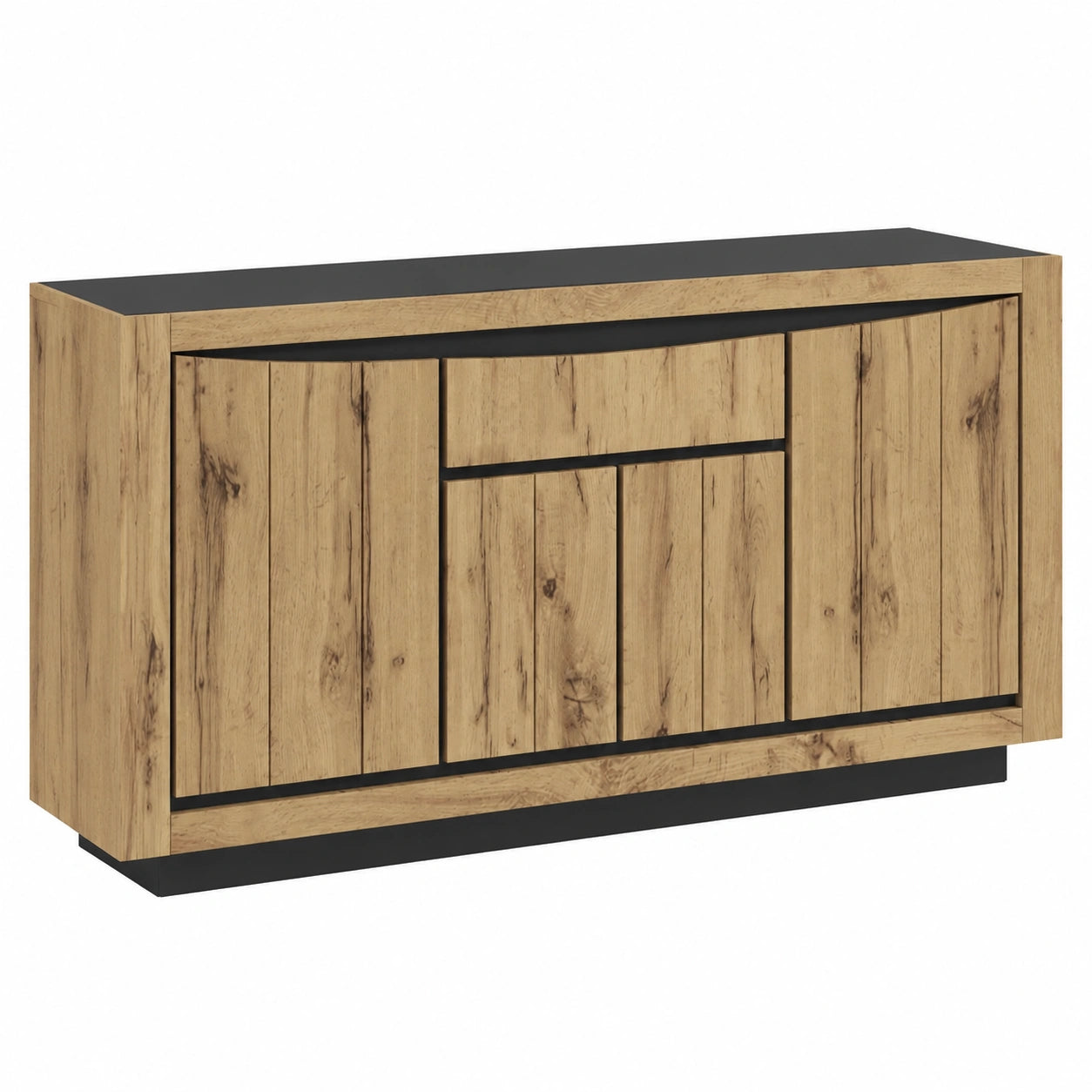 Große Anrichte 140cm mit 4 Türen und 1 Schublade, grifflose Schränke, vielseitiger Sideboard für Wohnzimmer in Holzoptik und Schwarz