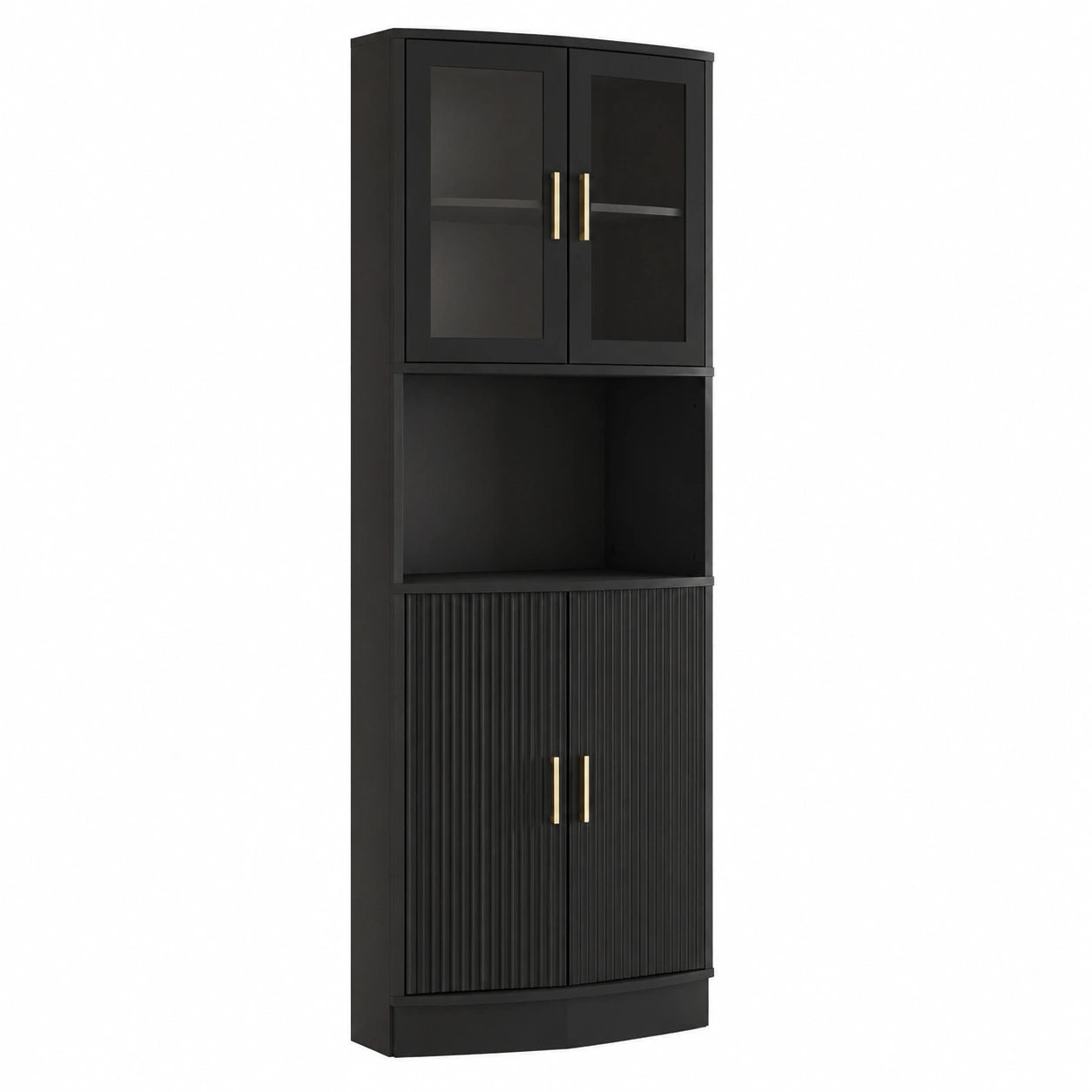 BonVache Eck-Hochschrank mit Glastüren, Vielseitiges Aufbewahrungsmöbel für Esszimmer, Wohnzimmer und Büro, Wellenmuster, MDF, 165x56x41,5 cm, Schwarz