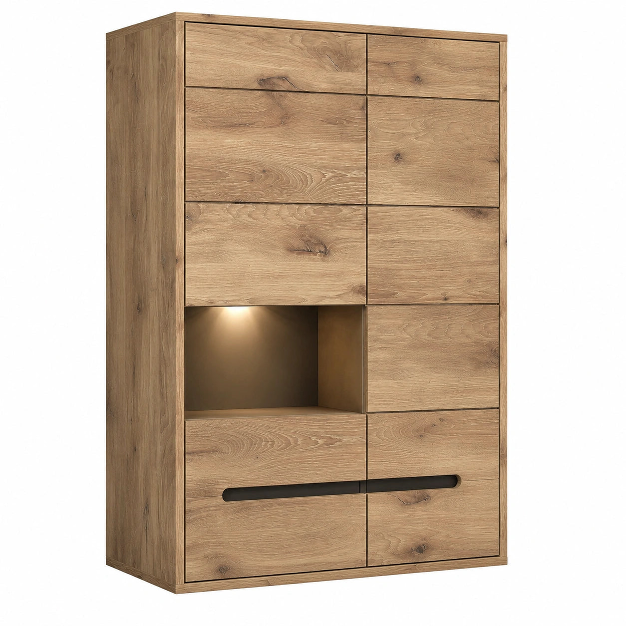 Stella Trading BELLANO Hängeschrank aus Viking Eichenoptik, Graphit - Moderne Vitrine mit LED-Licht und großem Stauraum - 90 x 126 x 38 cm (B/H/T)